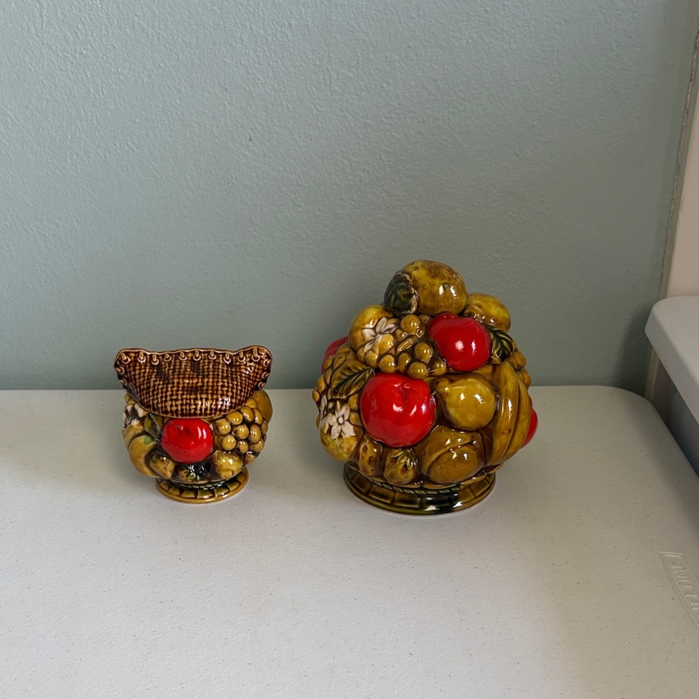 Inarco Fruit-Themed Ceramic Lidded Canister and Sugar Bowl